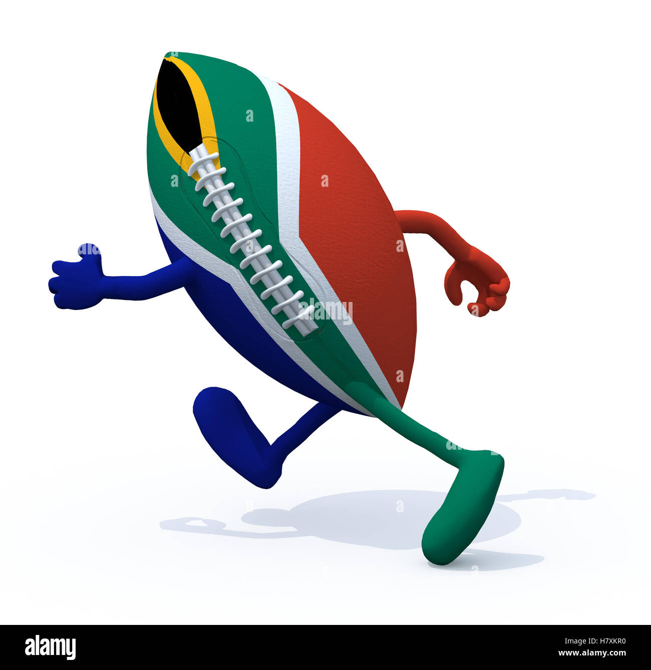 Südafrika Flagge auf Rugby-Ball mit Armen und Beinen, die weglaufen, 3D Illustration Stockfoto