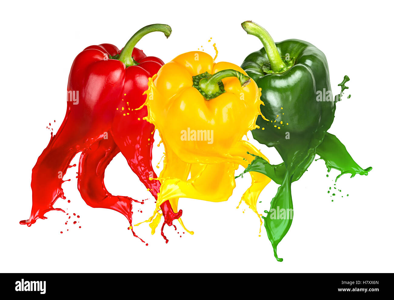 Abstrakt rot gelb grün Gemüse Paprika Paprika Farbe Farbwunder isoliert auf weißem Hintergrund Stockfoto