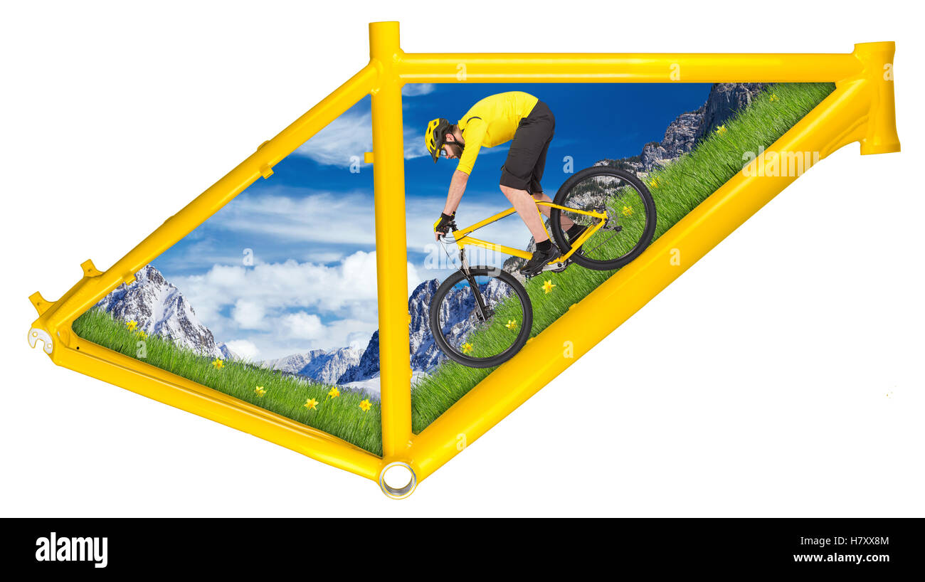 Yellow Mountain Bike Fahrrad Frame-Konzept mit Radfahrer bergab das untere  Rohr isoliert auf weißem Hintergrund Stockfotografie - Alamy