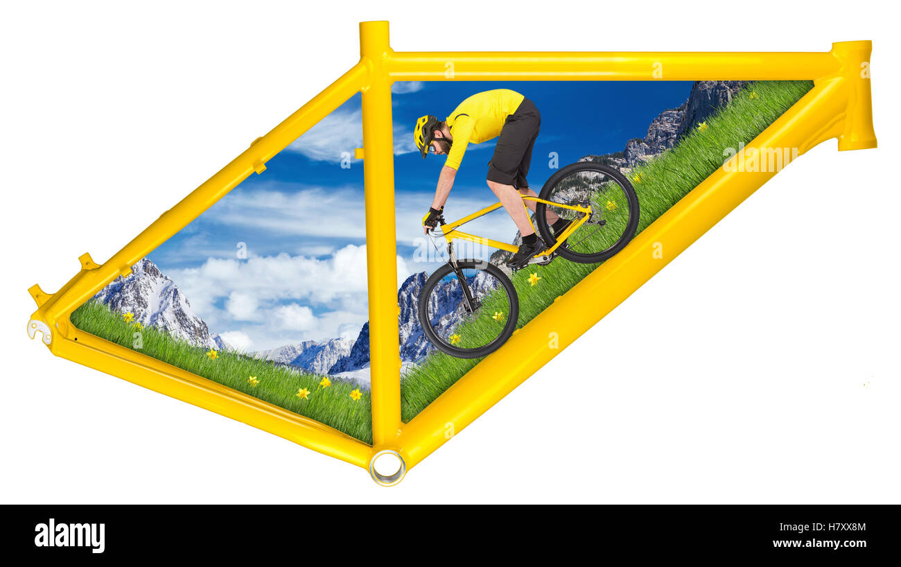 Yellow Mountain Bike Fahrrad Frame-Konzept mit Radfahrer bergab das untere Rohr isoliert auf weißem Hintergrund Stockfoto