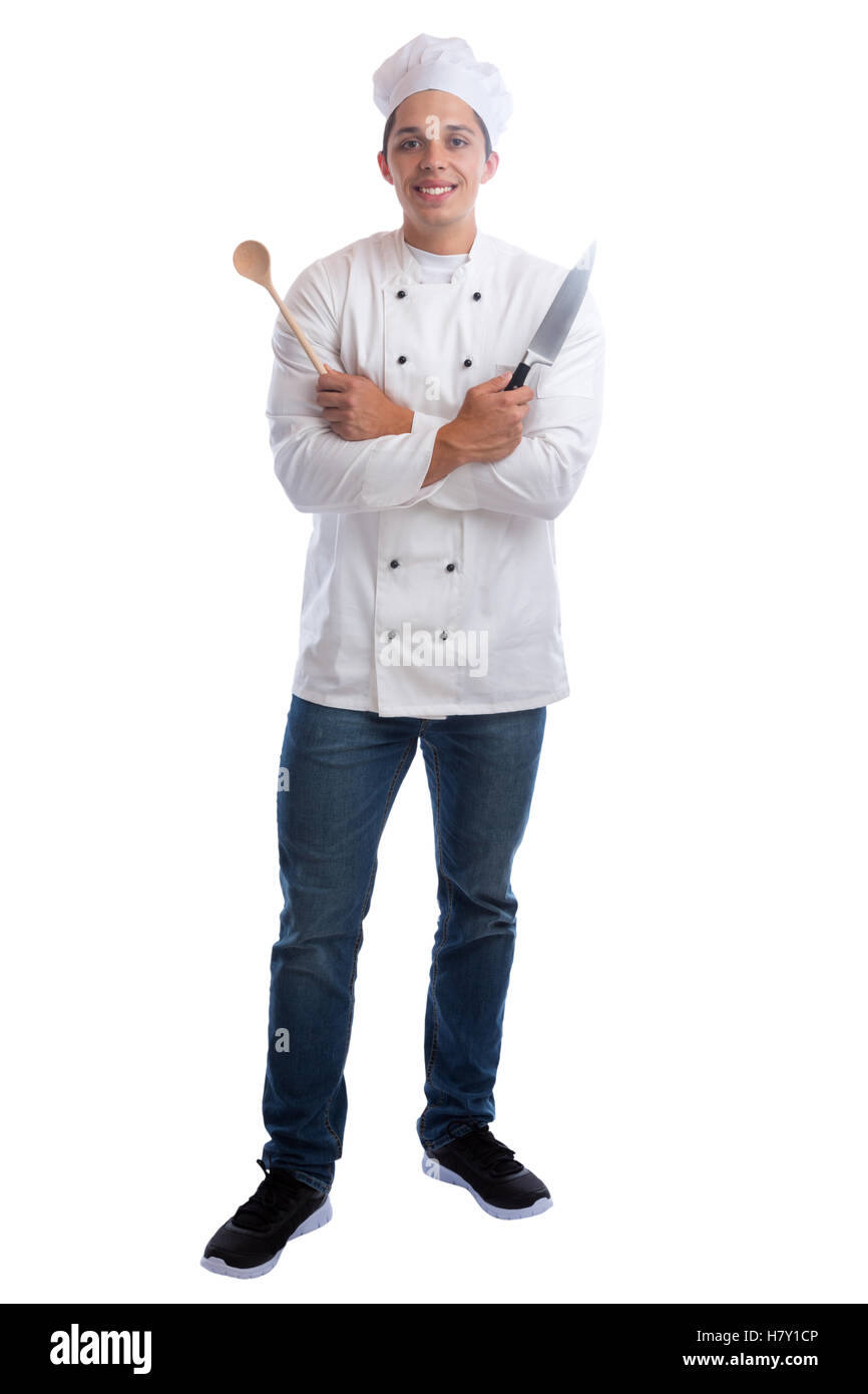 Koch Lehrling Lehrling Kochen mit Messer stehen Ganzkörper Job jung isoliert auf weißem Hintergrund Stockfoto