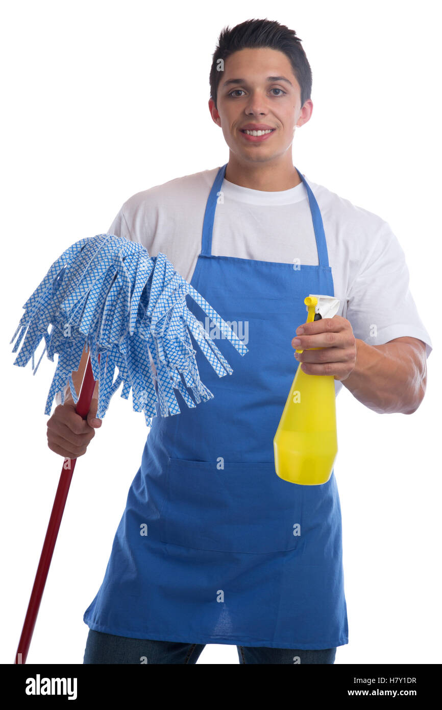 Reinigung Person Dienst sauberer Mann Arbeit Beruf junge isoliert auf weißem Hintergrund Stockfoto