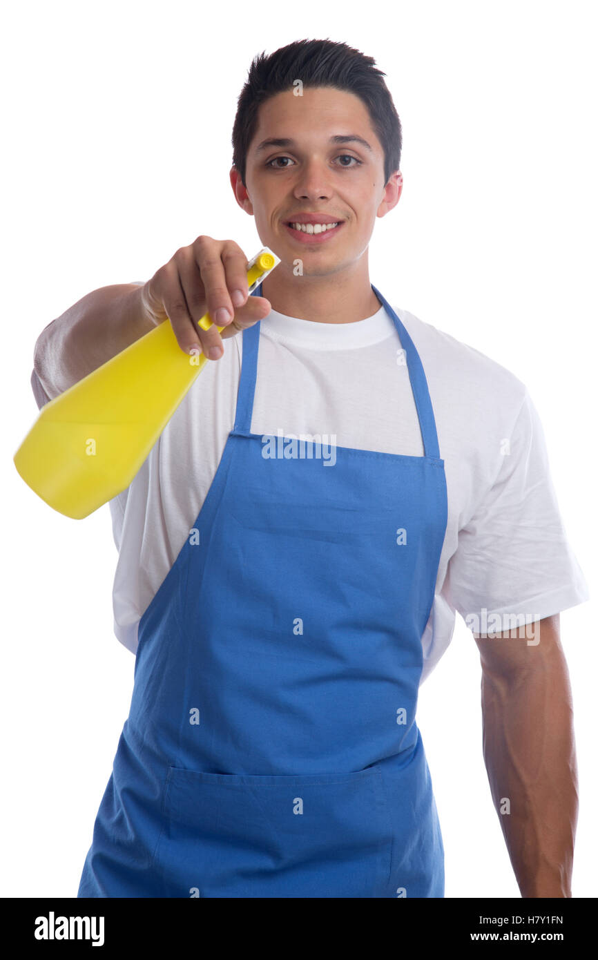 Reinigung Person Dienst sauberer Hausarbeit Mann Arbeit Beruf junge isoliert auf weißem Hintergrund Stockfoto