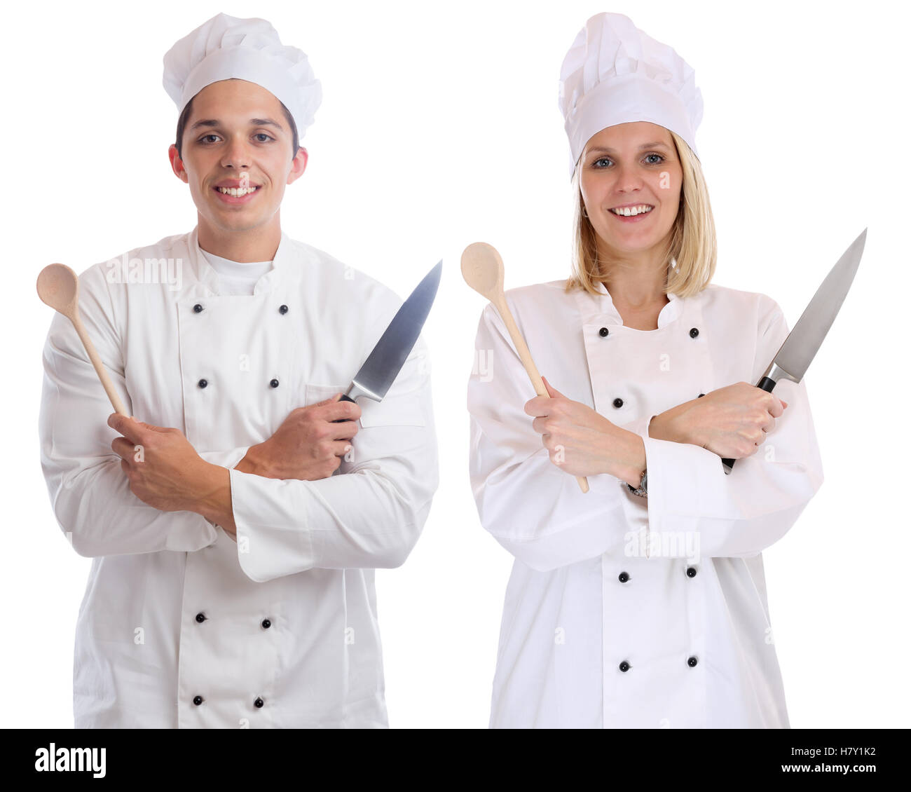 Koch Lehrling Lehrling Auszubildende Köche kochen mit Messer Job jung isoliert auf weißem Hintergrund Stockfoto