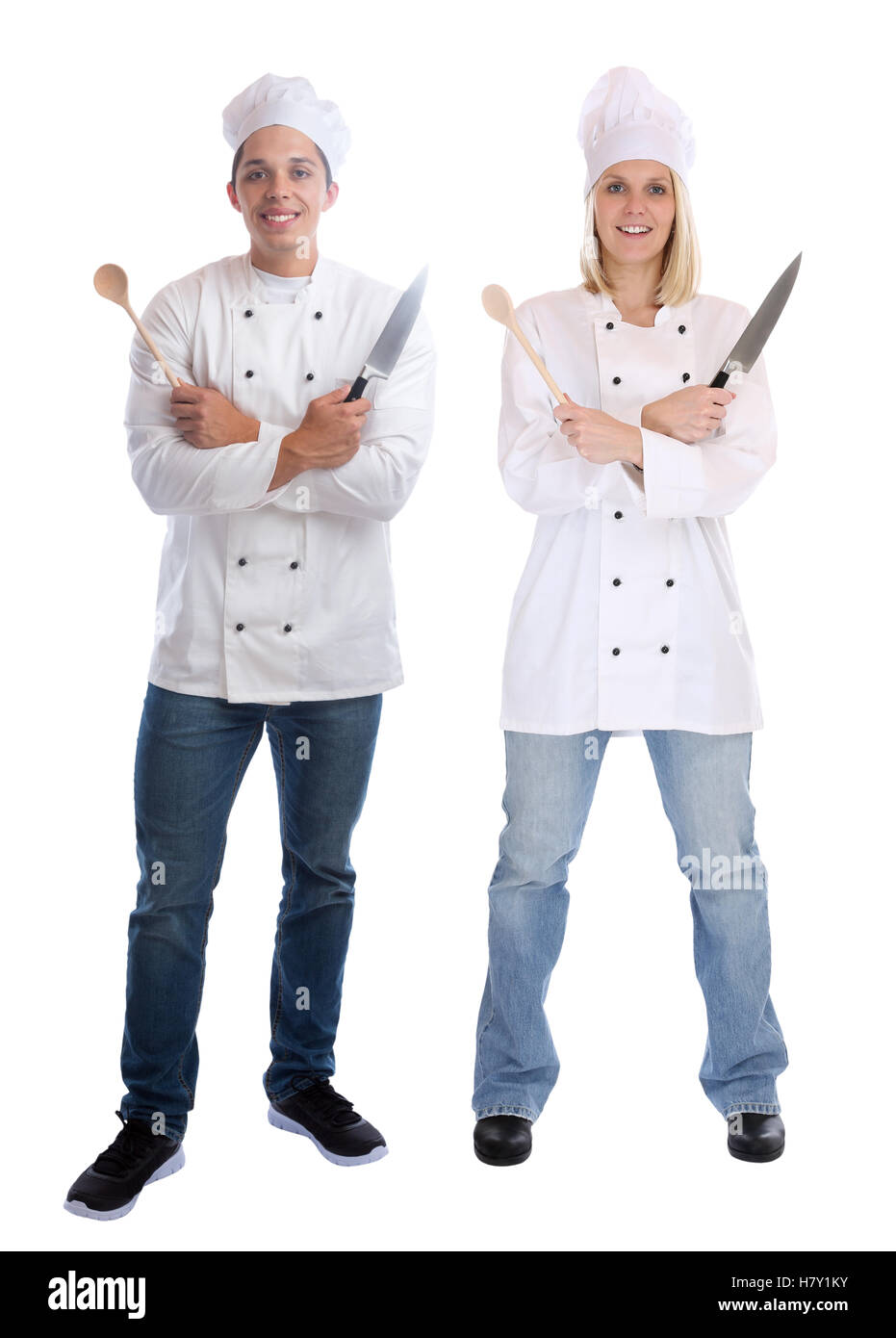 Koch Lehrling Auszubildende Auszubildende Köche stehen Ganzkörper Kochen mit Messer Job jung isoliert auf weißem Hintergrund Stockfoto