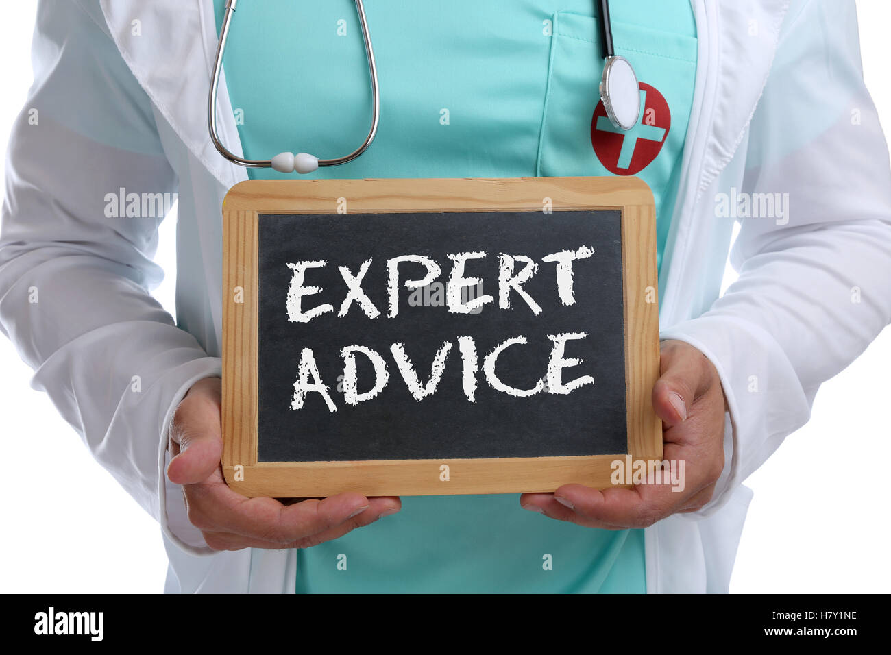 Kompetente Beratung junger Arzt Medizin Krankheit krank Krankheit gesund Gesundheit mit Schild Stockfoto