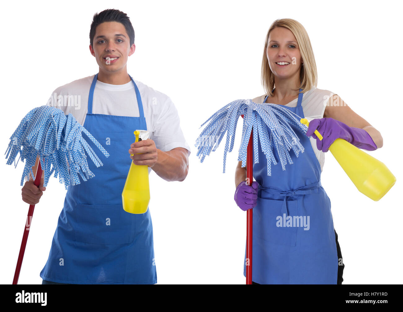 Putzfrau Person Dienst sauberer Frau Mann Arbeit Beruf Jugendliche isoliert auf weißem Hintergrund Stockfoto