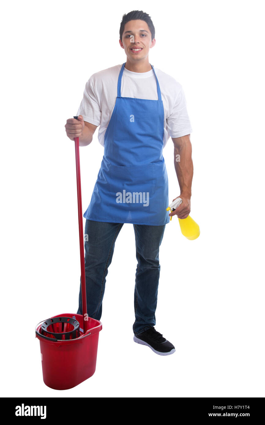 Reinigung Person Dienst sauberer Mann Job Beruf junge Ganzkörper Portrait isoliert auf weißem Hintergrund Stockfoto