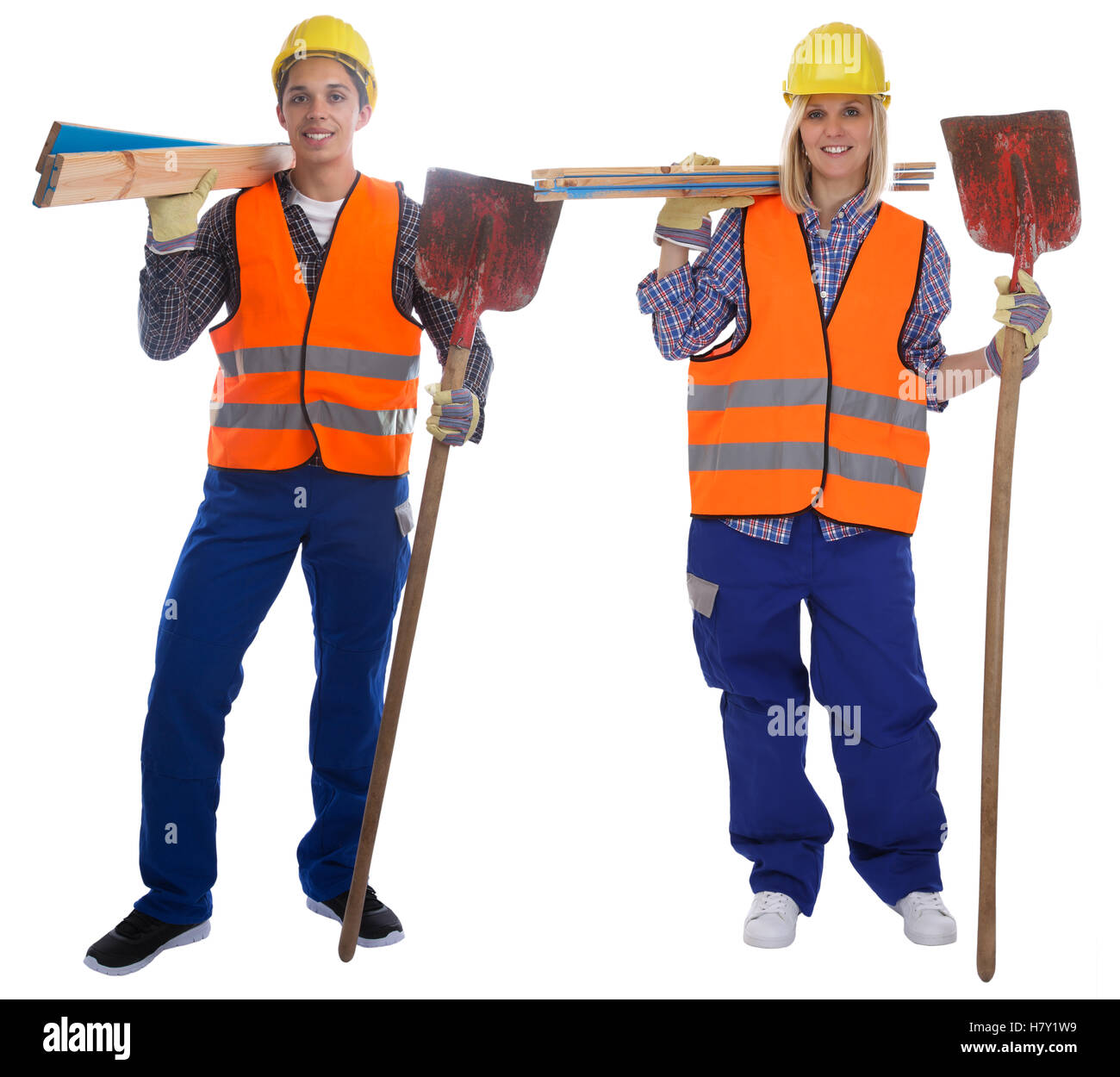 Junge Bauarbeiter job Ganzkörper Portrait isoliert auf weißem Hintergrund Stockfoto