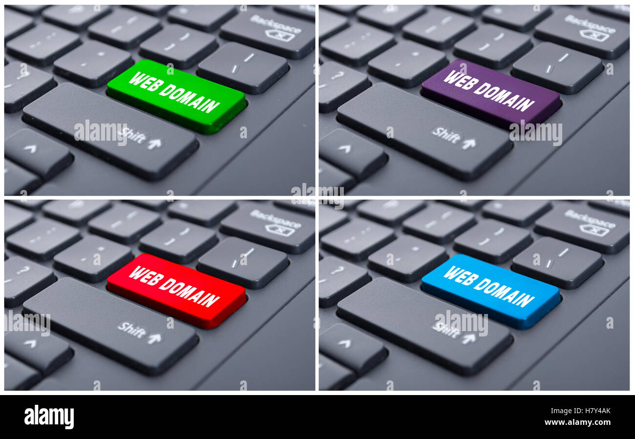 Tastatur mit bunten Web-Domain-Schaltflächen in Nahaufnahme Stockfoto