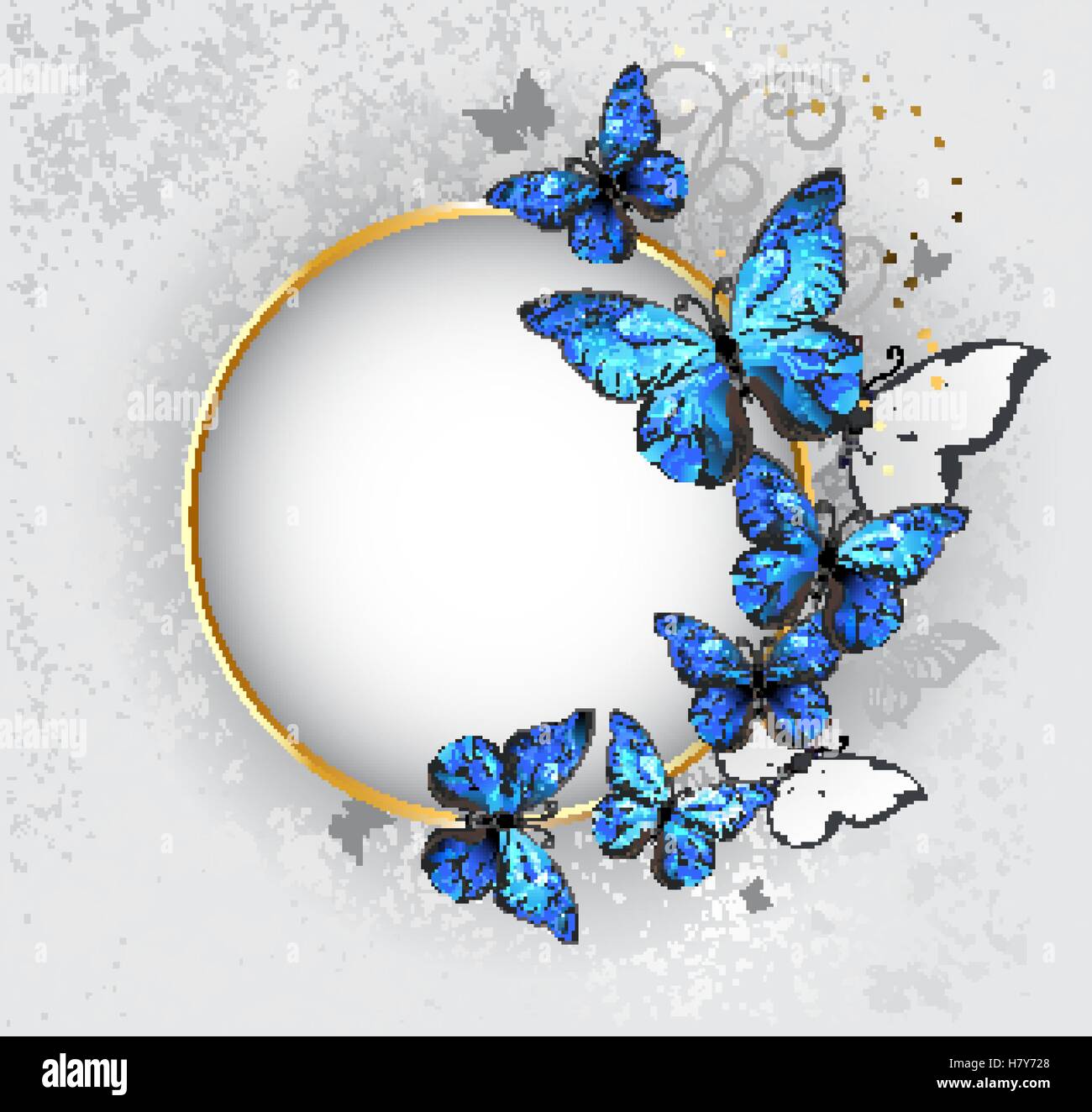 Runde gold Banner mit blauer Schmetterlinge Morpho auf grauem Hintergrund Textur. Design mit Schmetterlingen. Stock Vektor