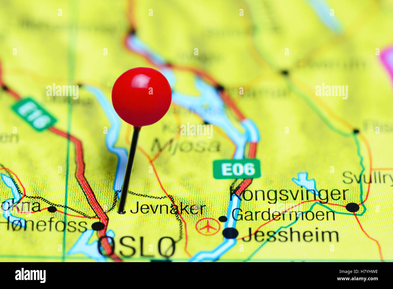 Jevnaker, fixiert auf einer Karte von Norwegen Stockfoto