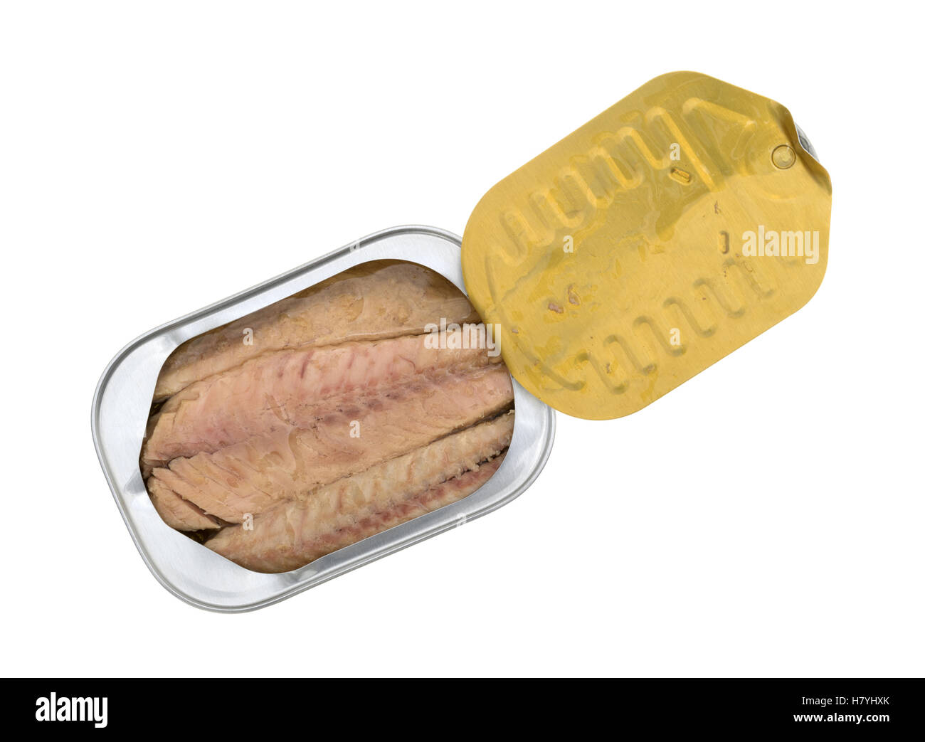 Draufsicht der hautlosen Makrelen Filets in Olivenöl in eine geöffnete Dose mit dem Deckel zog sich zurück. Stockfoto