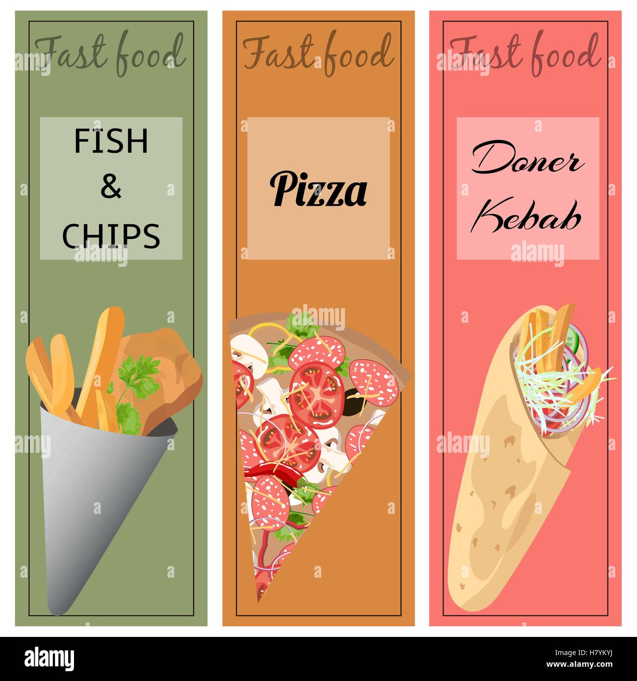 Satz von Fast-Food. Döner, Pizza, Fisch und chips Stock Vektor
