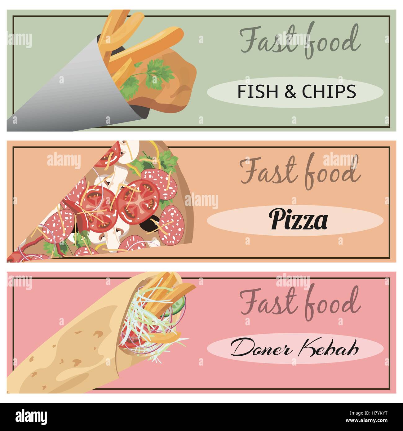 Reihe von Bannern, Fast-Food. Döner, Pizza, Fisch und Chips. Stock Vektor