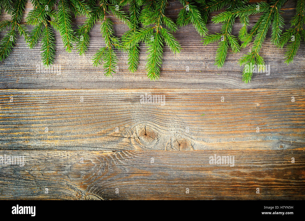 Weihnachtsbaum Tanne oder Fichte Zweige auf hölzernen Hintergrund, Ansicht von oben Stockfoto
