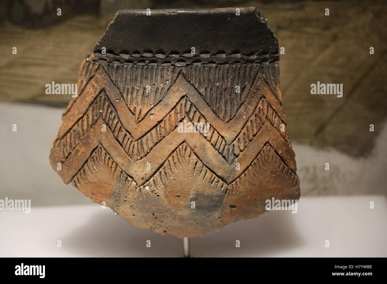 Becher-Kultur. Fragment einer verzierten Becher. Frühe Bronzezeit. Höhle von la Mora (Somaen, Soria). Stockfoto