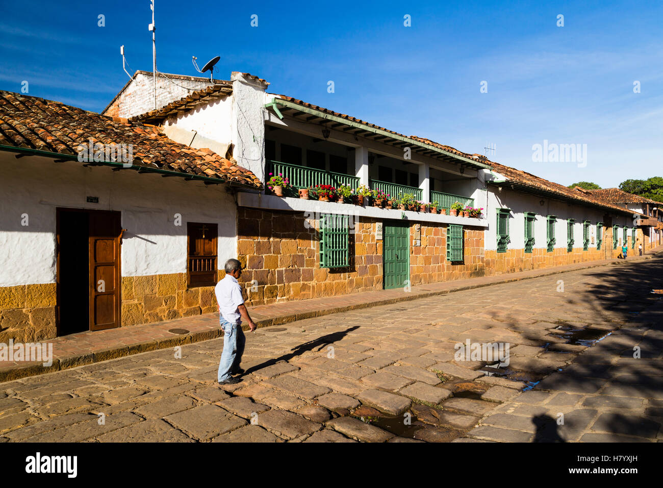 Weißen Häusern und Kopfsteinpflaster, Zona Colonial von Barichara, Santander, Kolumbien Stockfoto