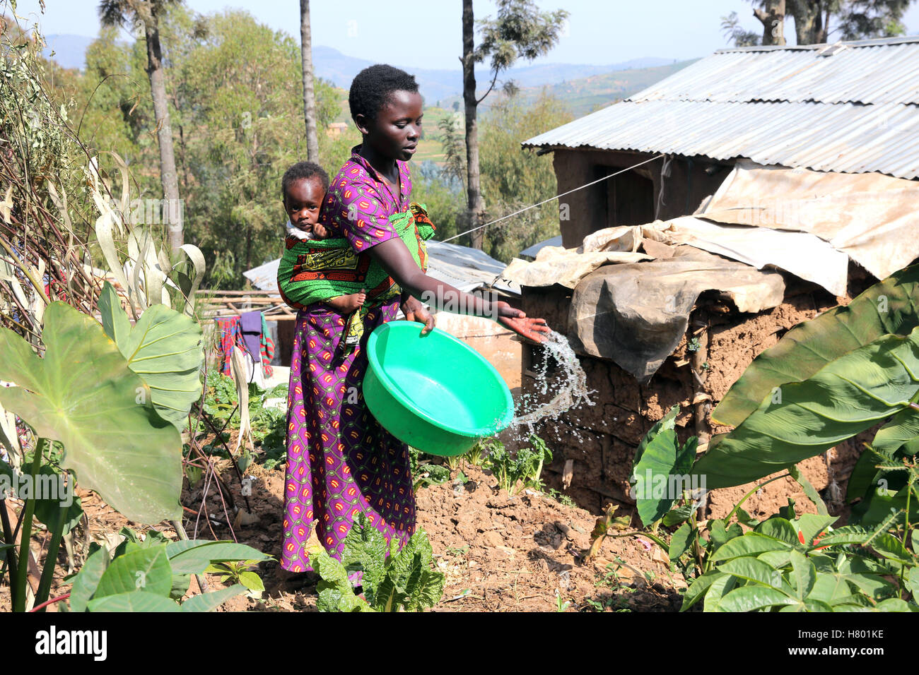 Mutter (17) mit ihrem Baby (8 Monate) ihr wenig Gartenbewässerung. Flüchtlinge aus dem Kongo im Flüchtlingslager von UNHCR Kigeme. Diözese von Gikongoro, Ruanda, Afrika Stockfoto