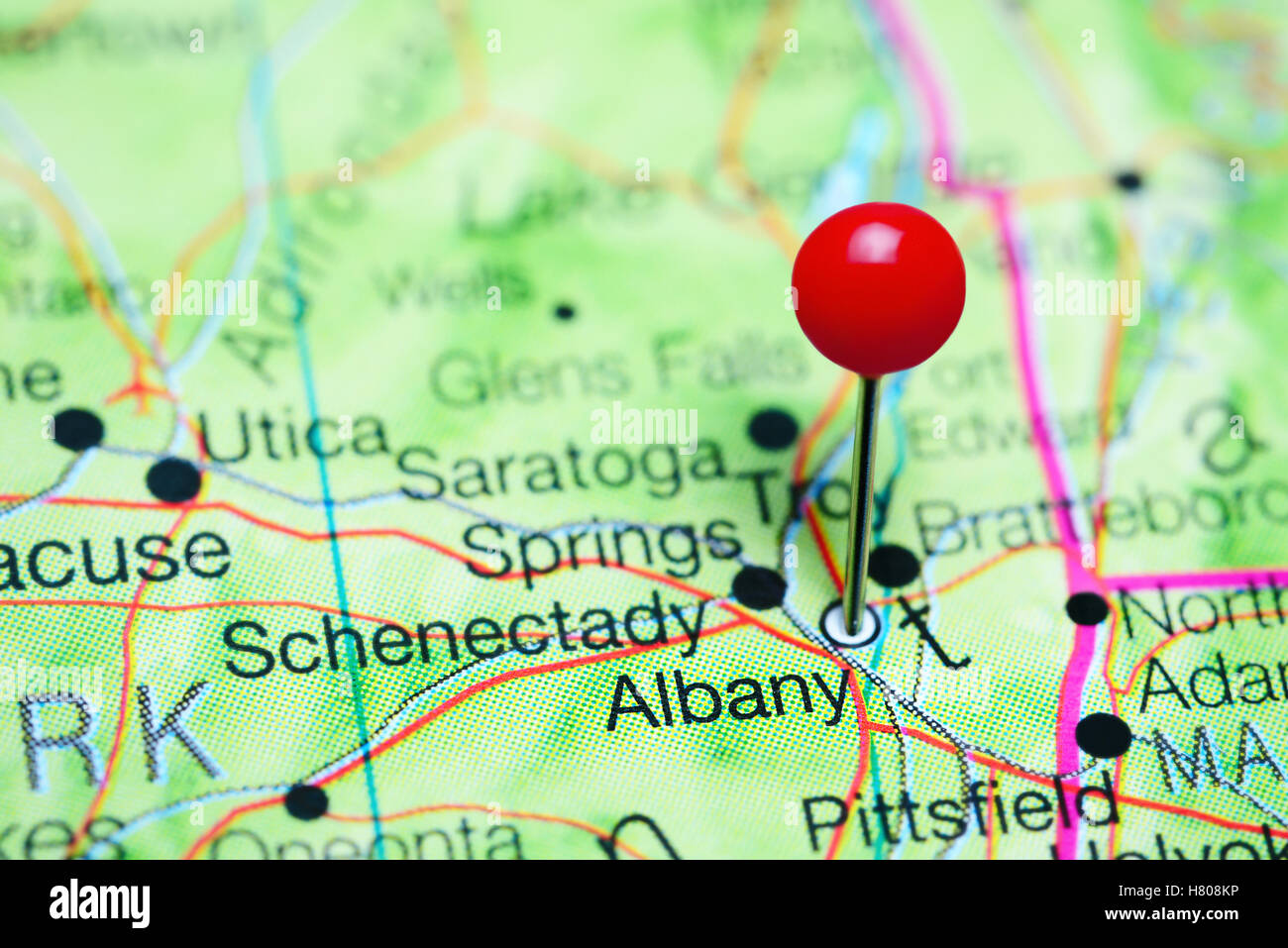 Albany, fixiert auf einer Karte von New York State, USA Stockfoto