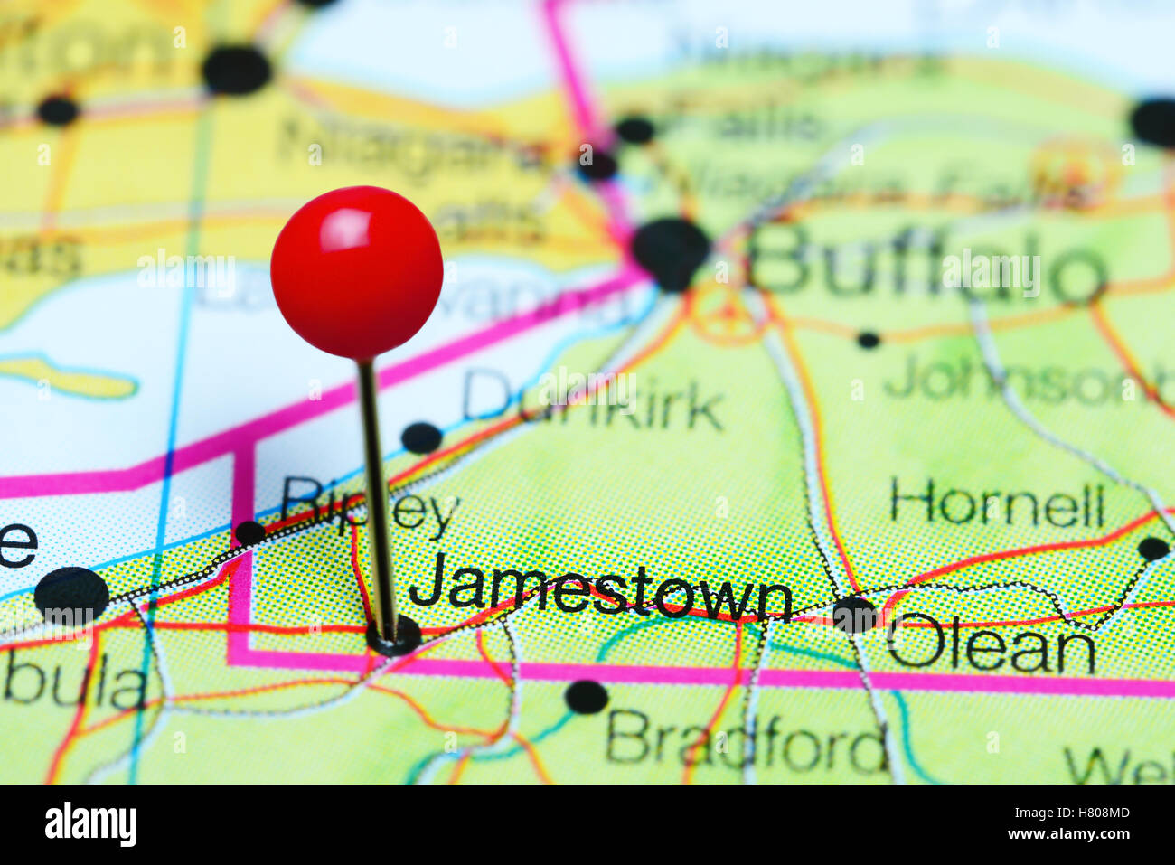 Jamestown, fixiert auf einer Karte von New York State, USA Stockfoto