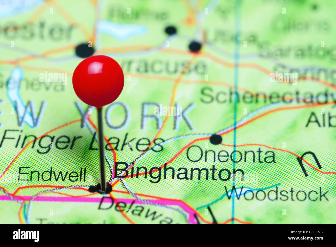 Binghamton, fixiert auf einer Karte von New York State, USA Stockfoto