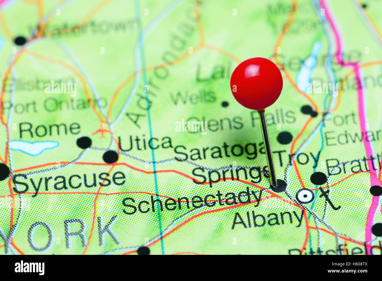 Schenectady, fixiert auf einer Karte von New York State, USA Stockfoto