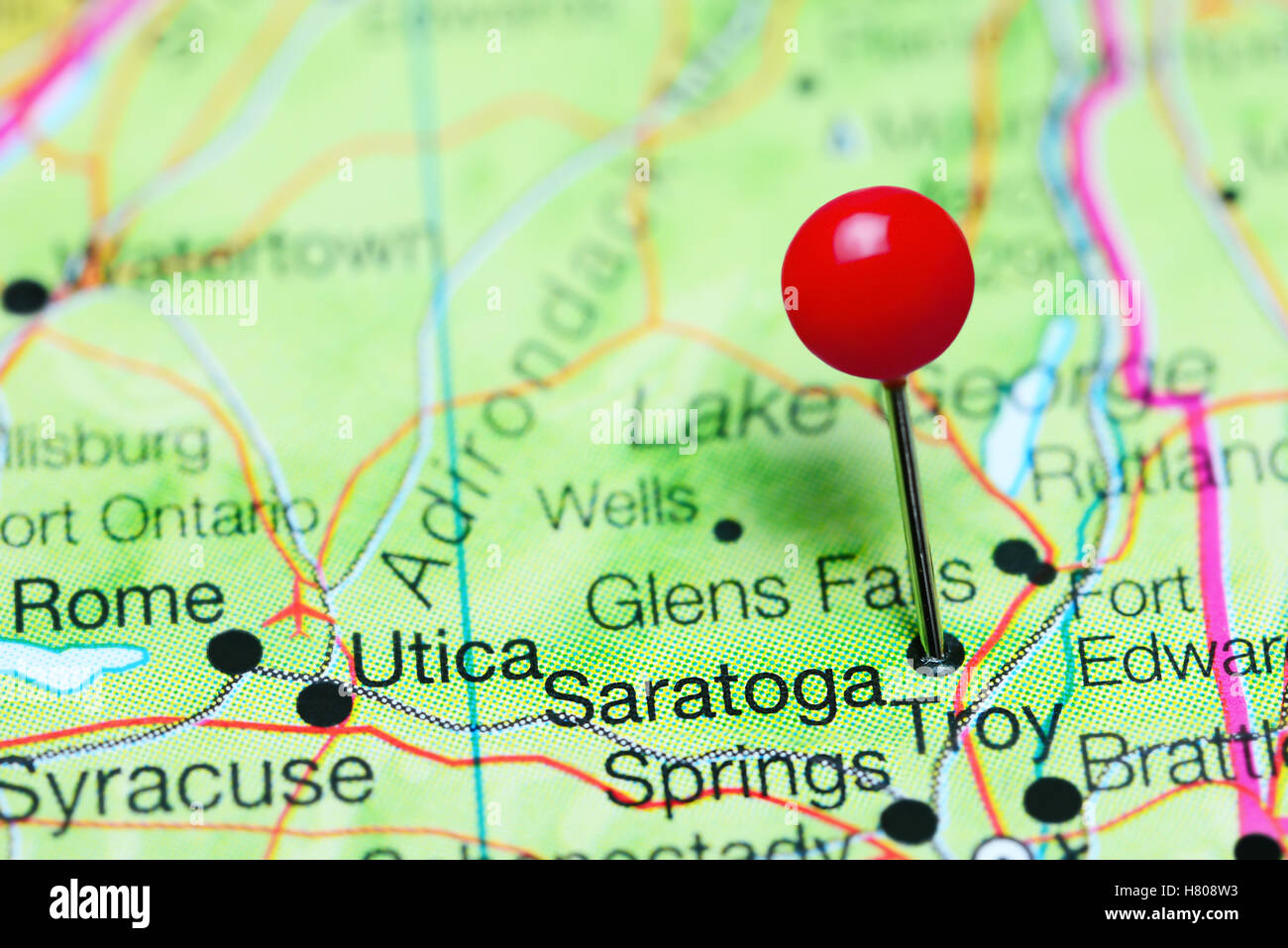 Saratoga Springs, fixiert auf einer Karte von New York State, USA Stockfoto