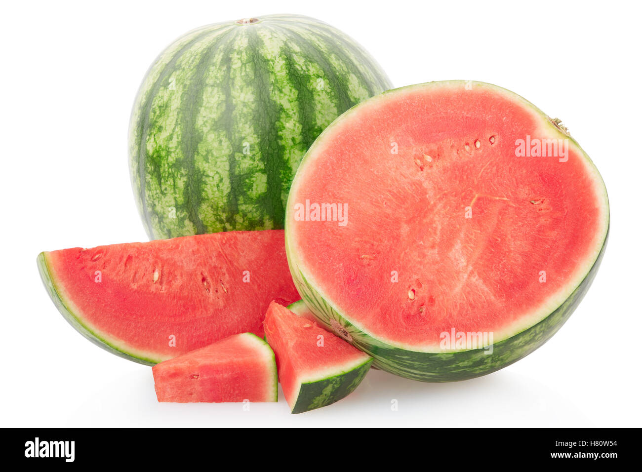 Wassermelone-Gruppe mit Abschnitt und Scheiben auf weiße, Clipping-Pfad Stockfoto