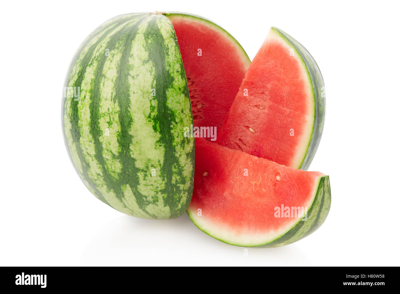 Wassermelone in Scheiben geschnitten auf weiße, Clipping-Pfad enthalten Stockfoto