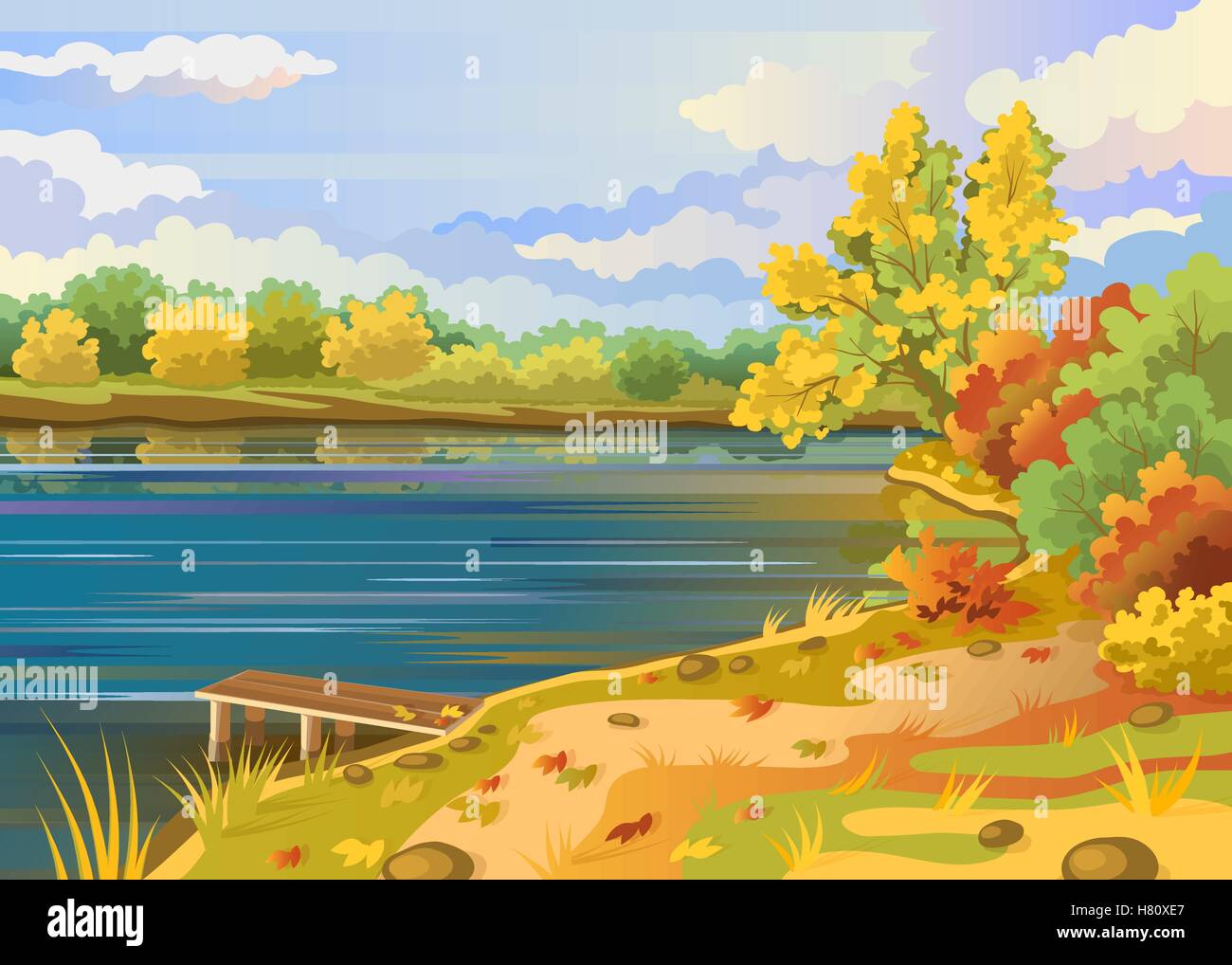 Herbst-Landschaft-Natur-Fluss-Ufer. Brückenpfeilers auf dem Hintergrund des Teiches. Bewölkter Himmel. Bunte Bäume und Sträucher Stock Vektor