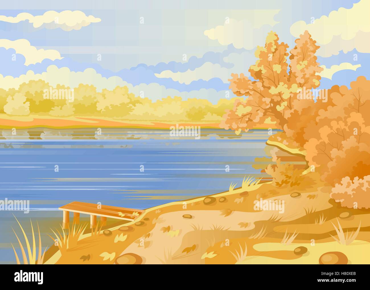 Herbstliche Landschaft unter freiem Himmel. Ufer des Flusses. Brückenpfeilers auf dem Hintergrund des Teiches. Bewölkter Himmel. Sträucher und Bäume in Pastell Stock Vektor