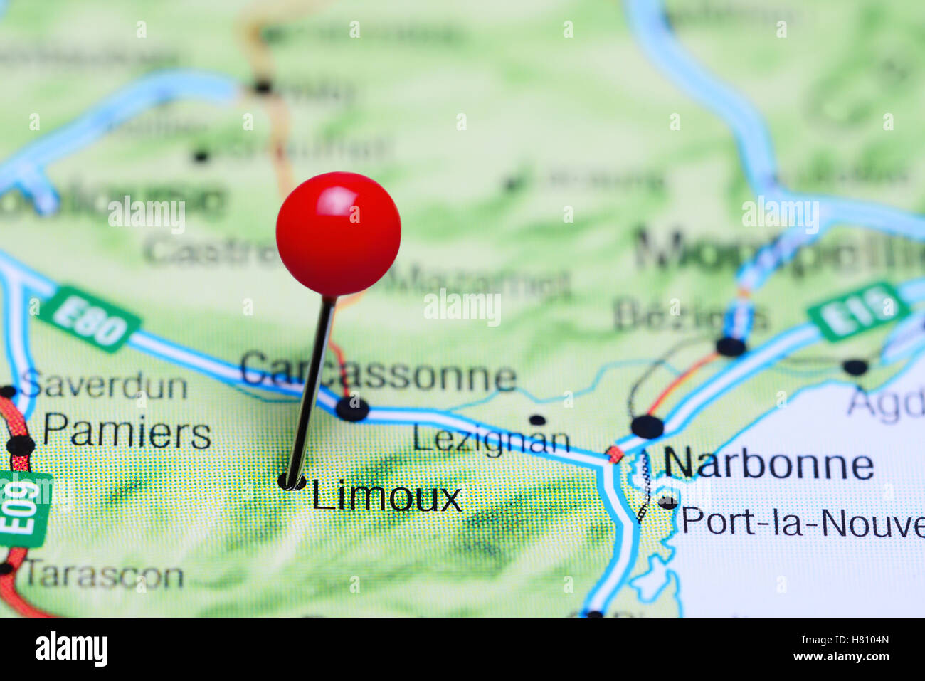 Limoux, fixiert auf einer Karte von Frankreich Stockfoto