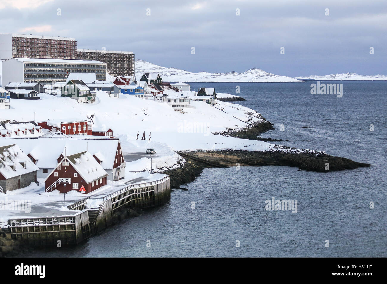 Alten Blick auf den Hafen, Stadt Nuuk, Grönland Stockfoto