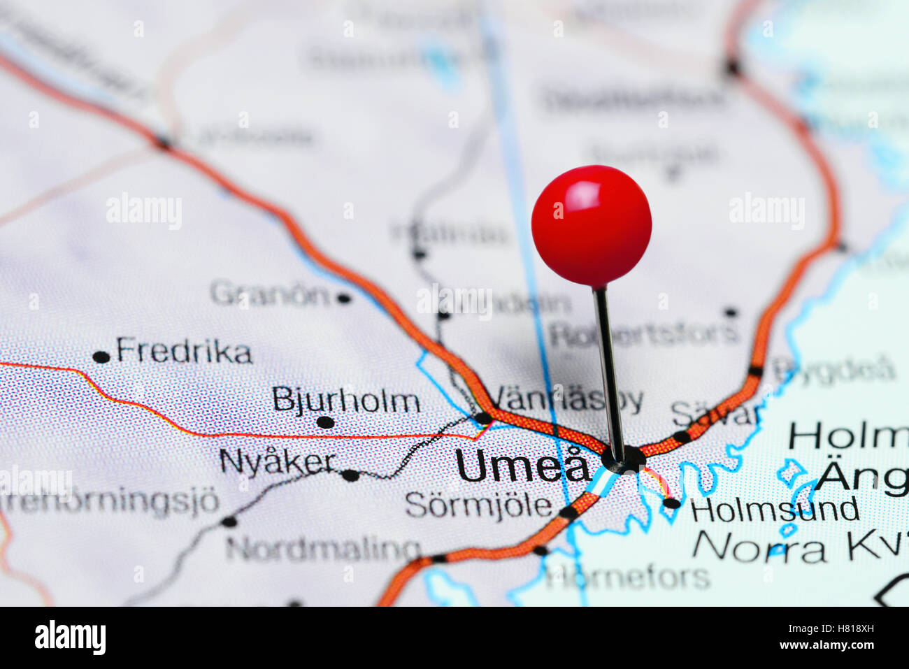 Umea, fixiert auf einer Karte von Schweden Stockfoto