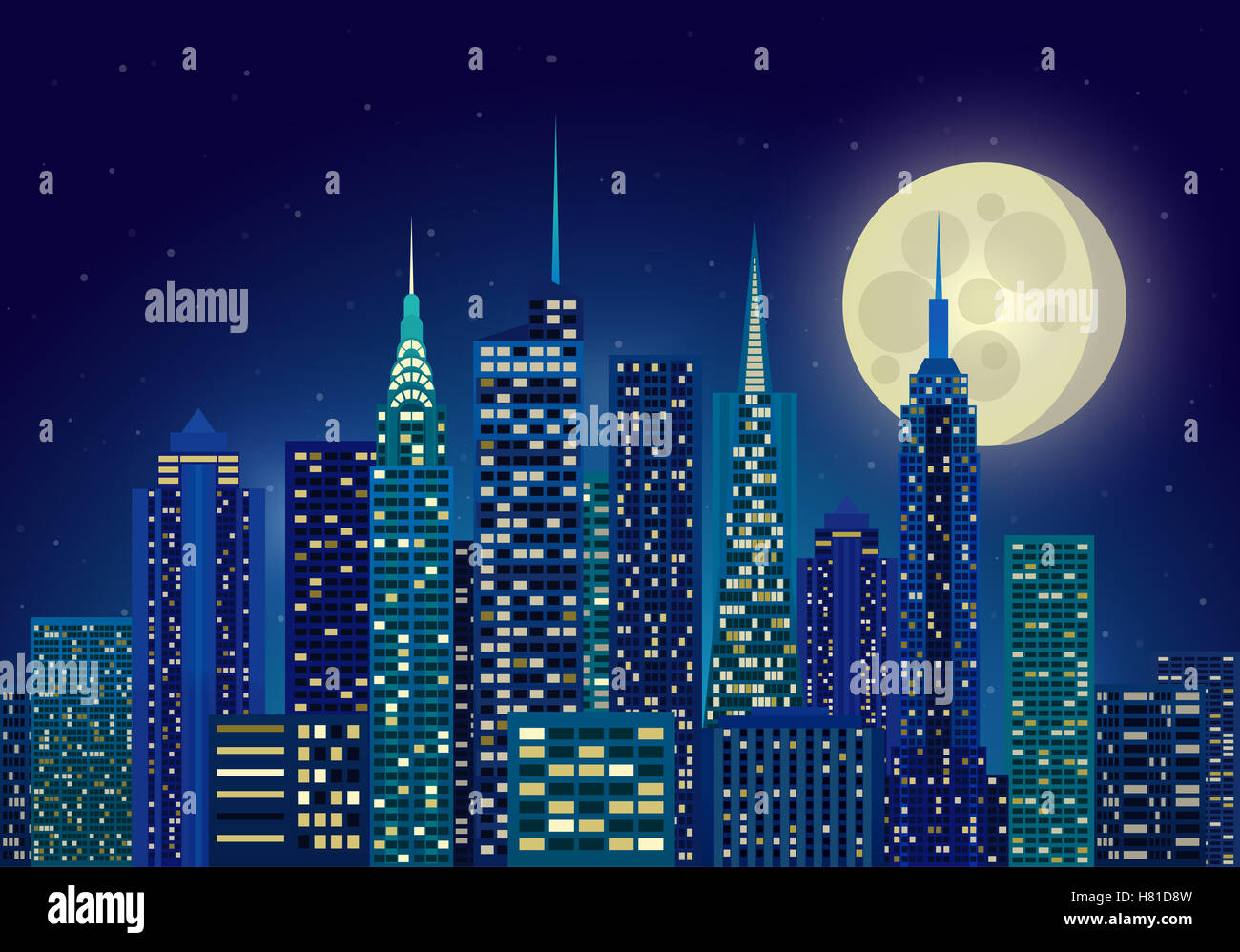 Vektor-Illustration der nächtlichen Stadt New York Mondlicht Sternenhimmel leuchten. Appartement Haus Banner Hintergrund. Silhouette der Stadt lig Stockfoto