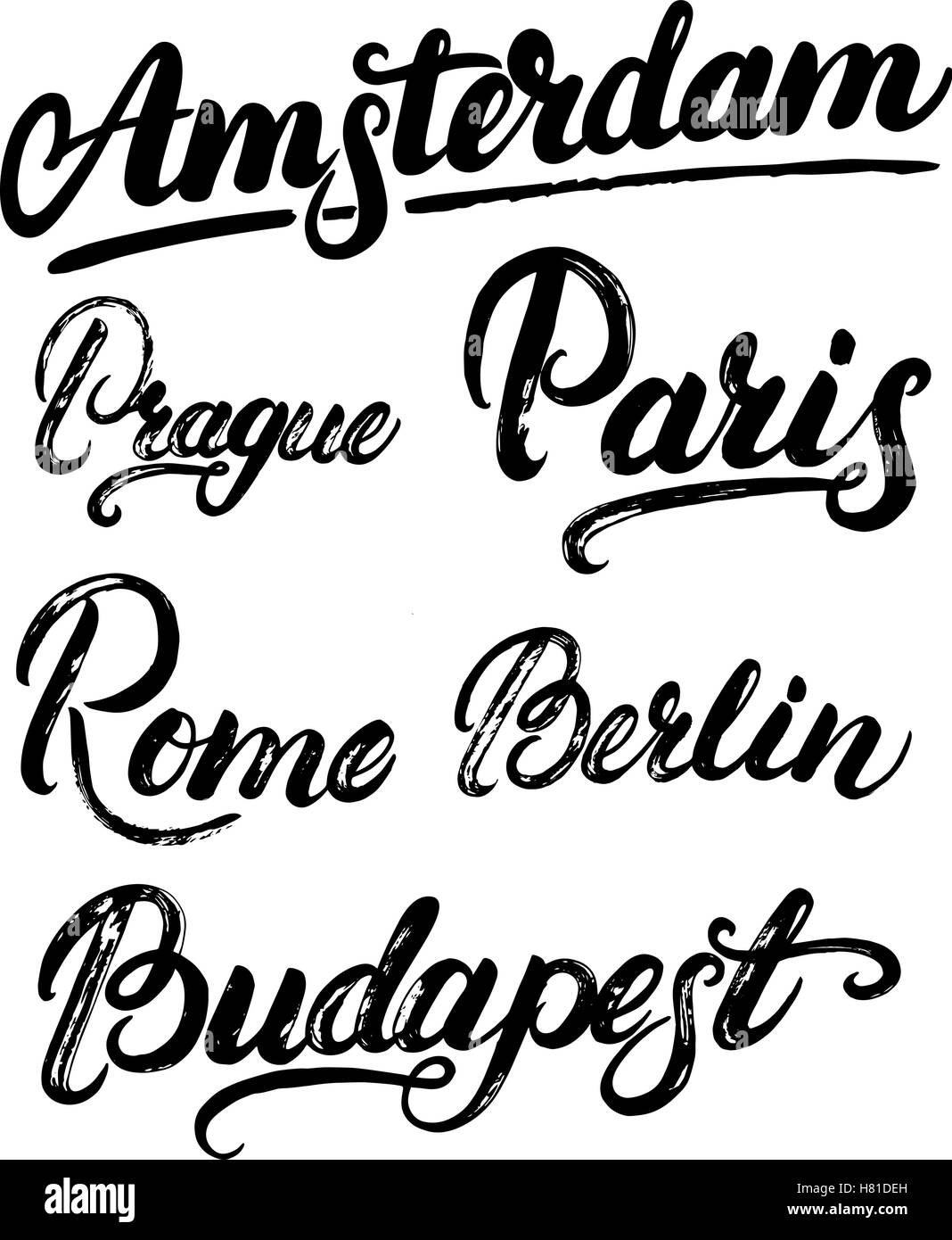 Sammlung von europäischen Hauptstädten Amsterdam, Berlin, Paris, Rom, Prag, Budapest. Städtenamen hand geschriebenen Schriftzug. Moderne brus Stock Vektor