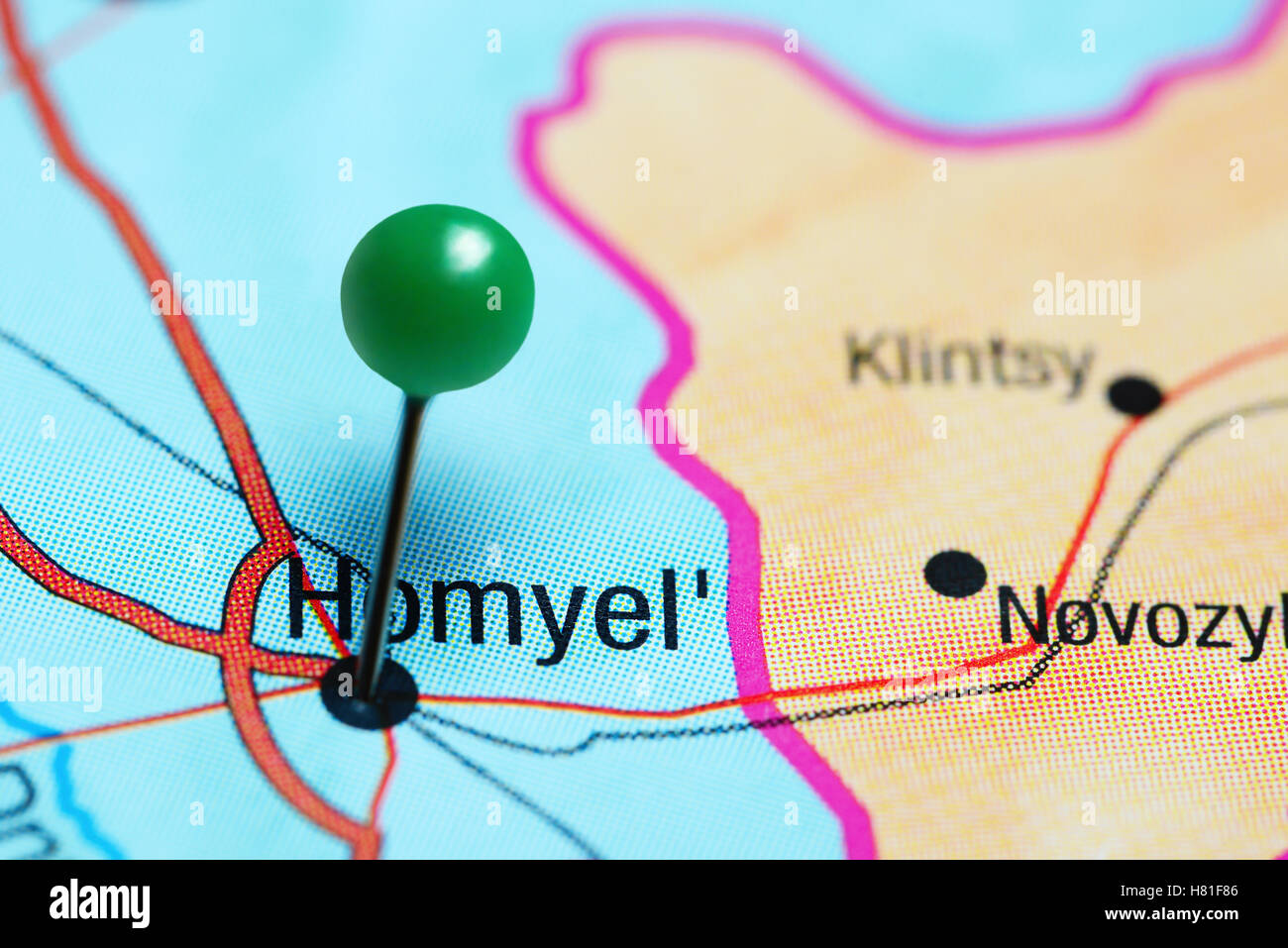 Homyel fixiert auf einer Karte von Belarus Stockfoto