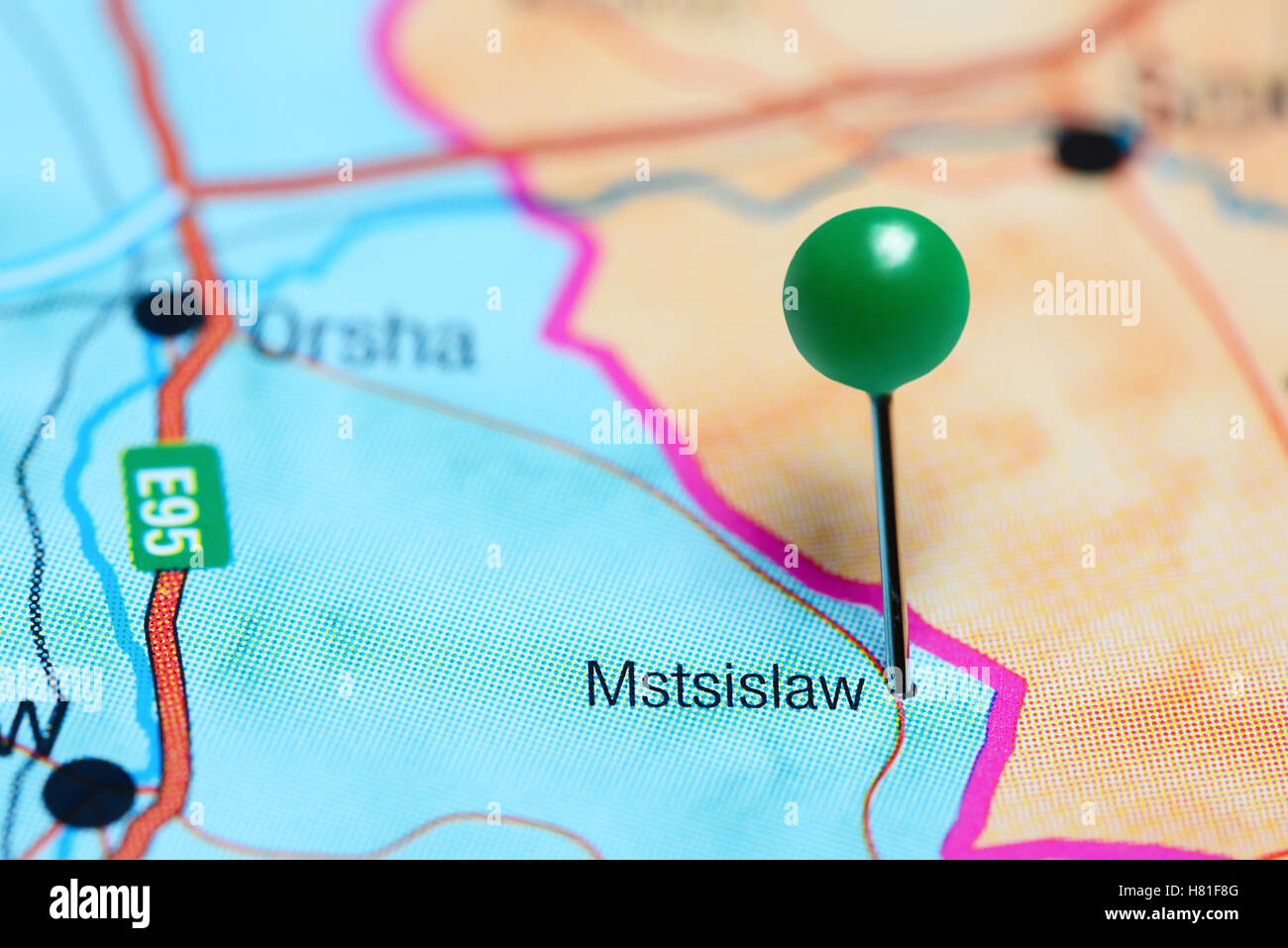 Mstislaw fixiert auf einer Karte von Belarus Stockfoto