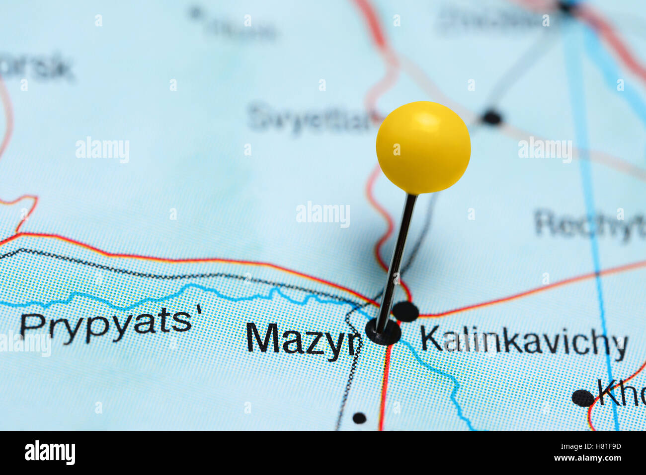 Mazyr fixiert auf einer Karte von Belarus Stockfoto