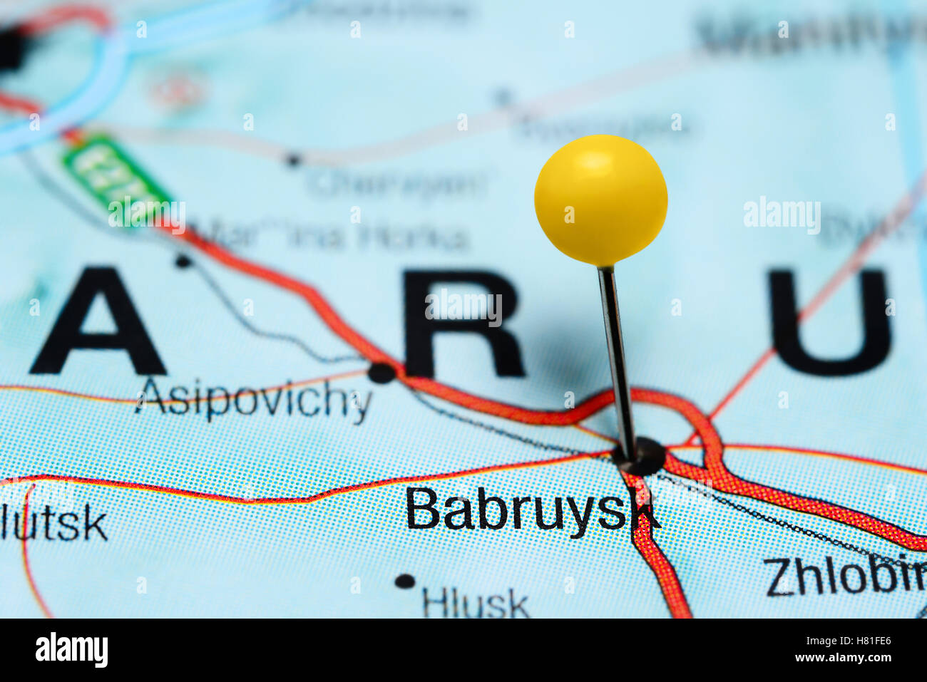 Bobruisk fixiert auf einer Karte von Belarus Stockfoto