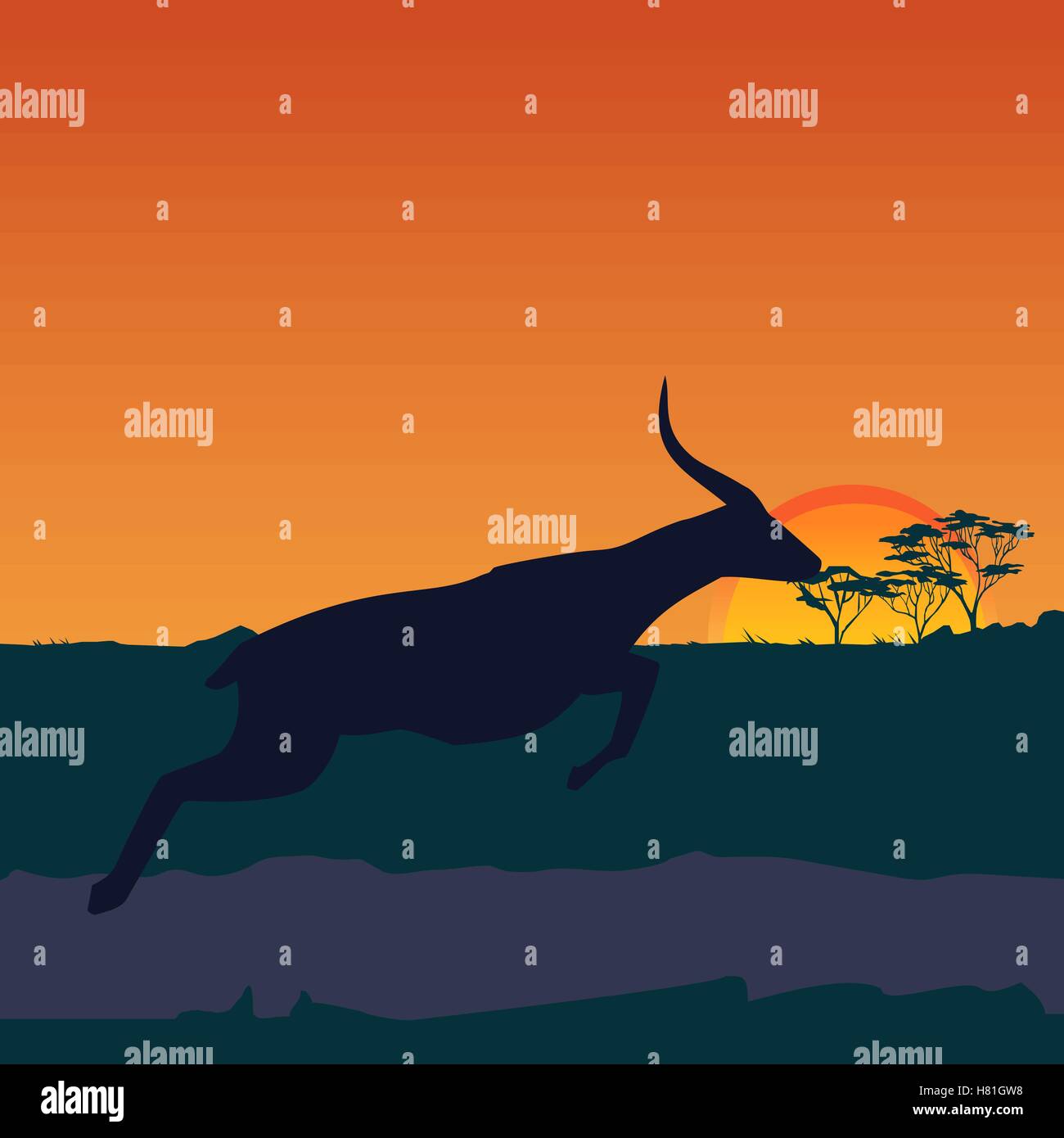 Orange Abend Savanne Landschaft. Silhouette der laufenden Antilope, wildes Tier. Vektor-illustration Stock Vektor