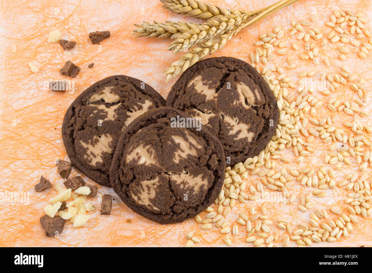 Braune Schokoladenkekse auf orangem Hintergrund Stockfoto