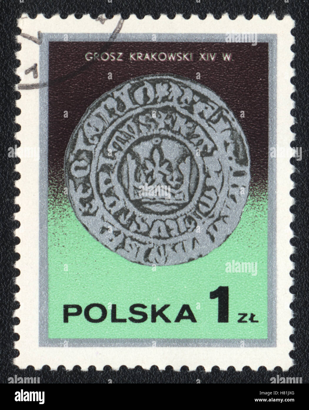 Die Briefmarke gedruckt in Polen zeigt Krakau Grosz XIV Jh., ca. 1982 Stockfoto