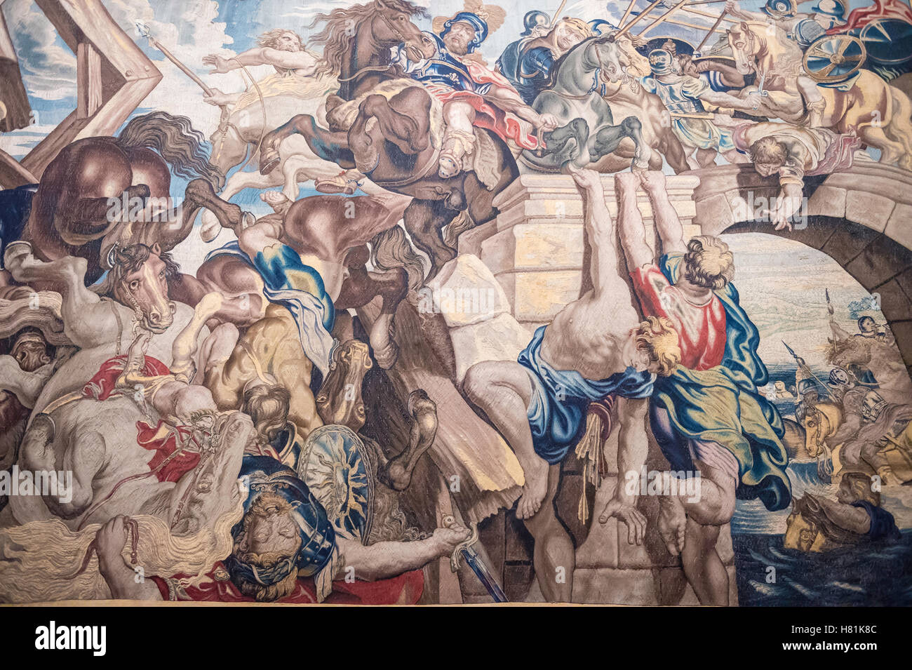 Wandteppich zeigt Sieg Konstantins über Maxentius in der Schlacht an der Milvischen Brücke, 1623-25, Philadelphia Museum of Art Stockfoto