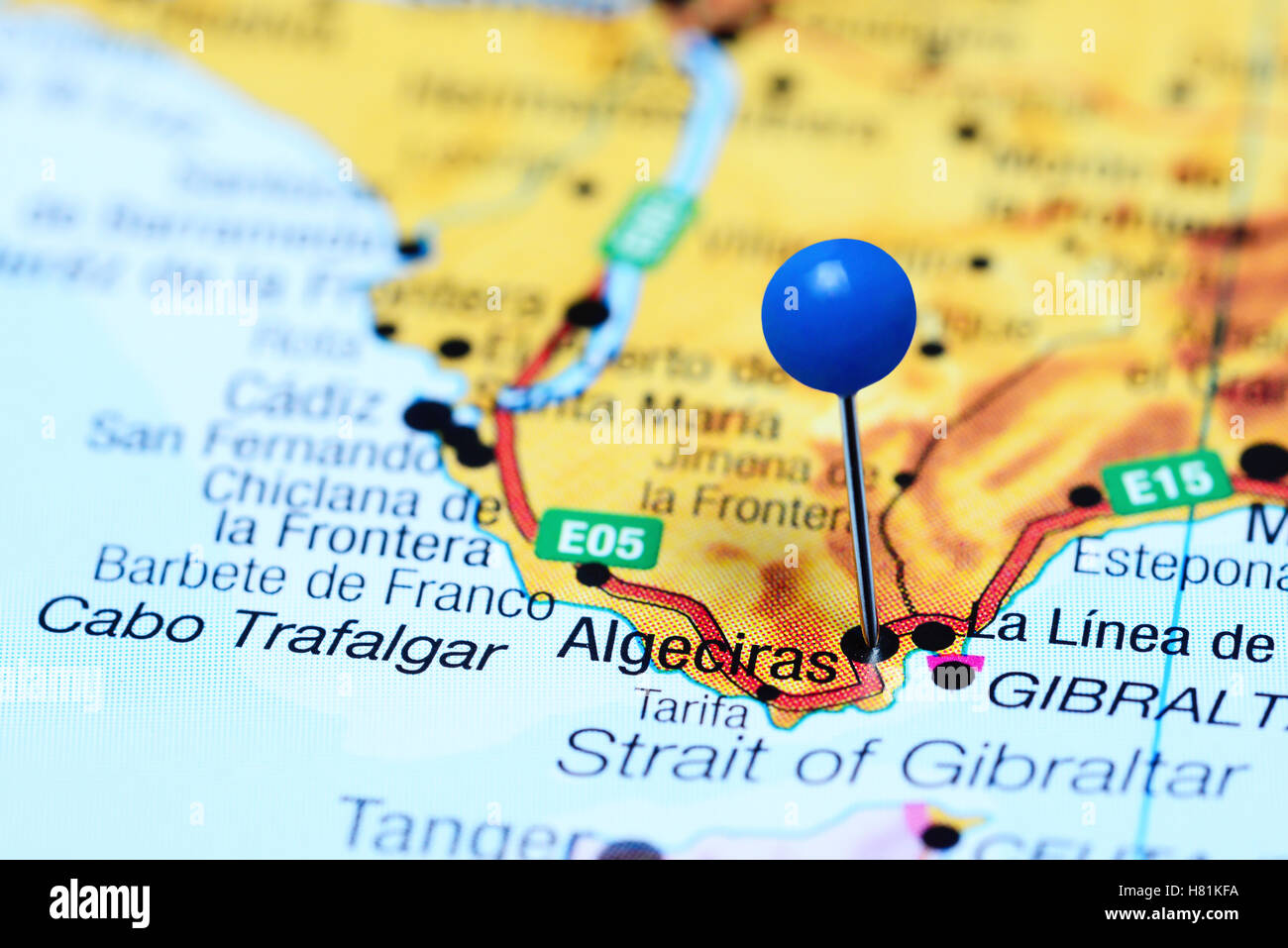 Algeciras, fixiert auf einer Karte von Spanien Stockfoto