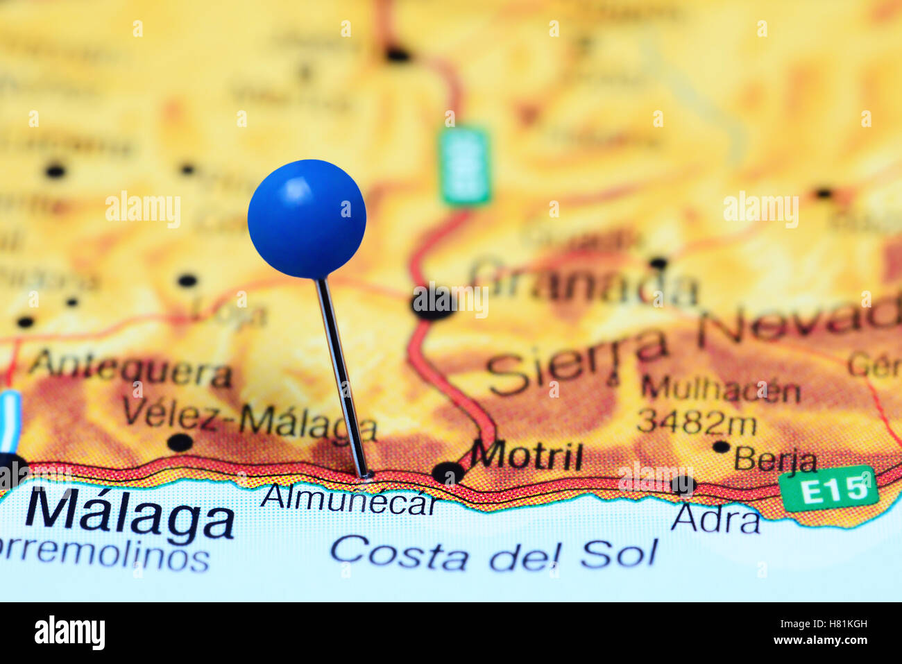 Almunecar fixiert auf einer Karte von Spanien Stockfoto