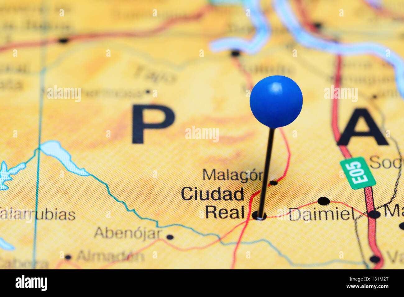 Ciudad Real fixiert auf einer Karte von Spanien Stockfoto