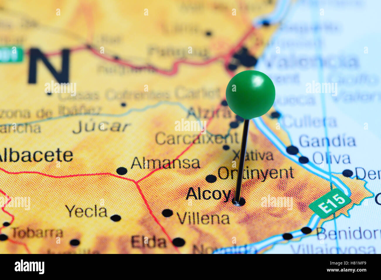 Alcoy fixiert auf einer Karte von Spanien Stockfoto