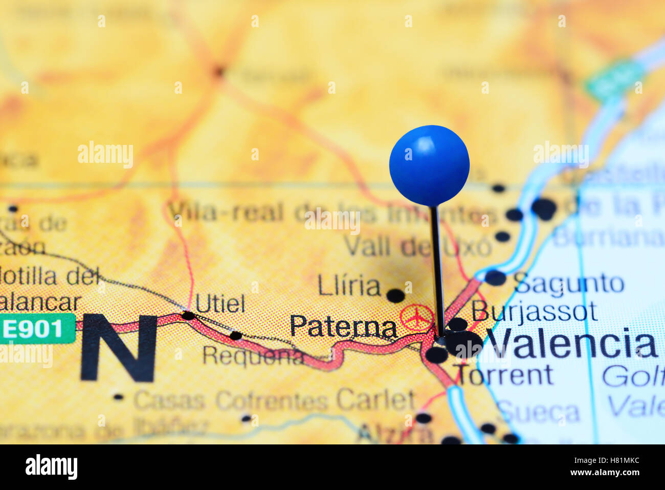 Paterna, fixiert auf einer Karte von Spanien Stockfoto